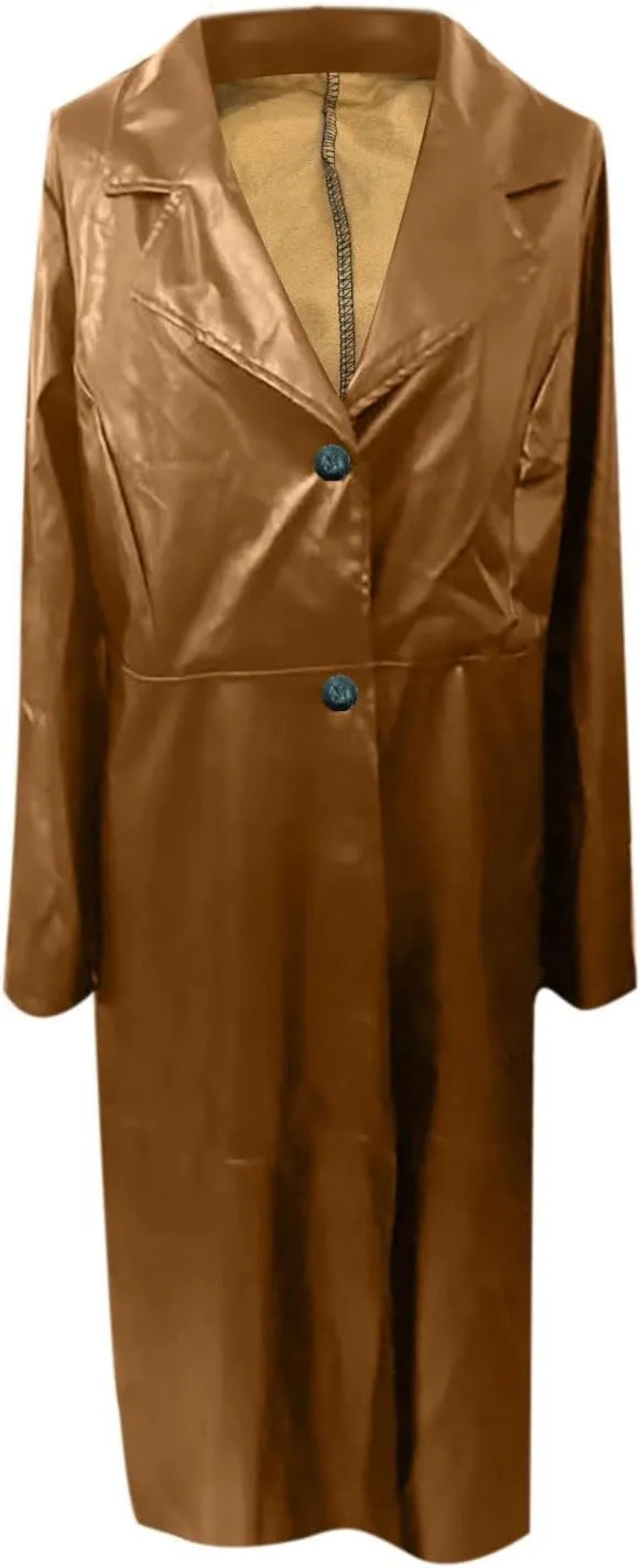 Faux Leather Trench Coats for Women Single Breasted Long Sleeve Ankle Length Jacket Notched Lapel Motorcycle Outwear