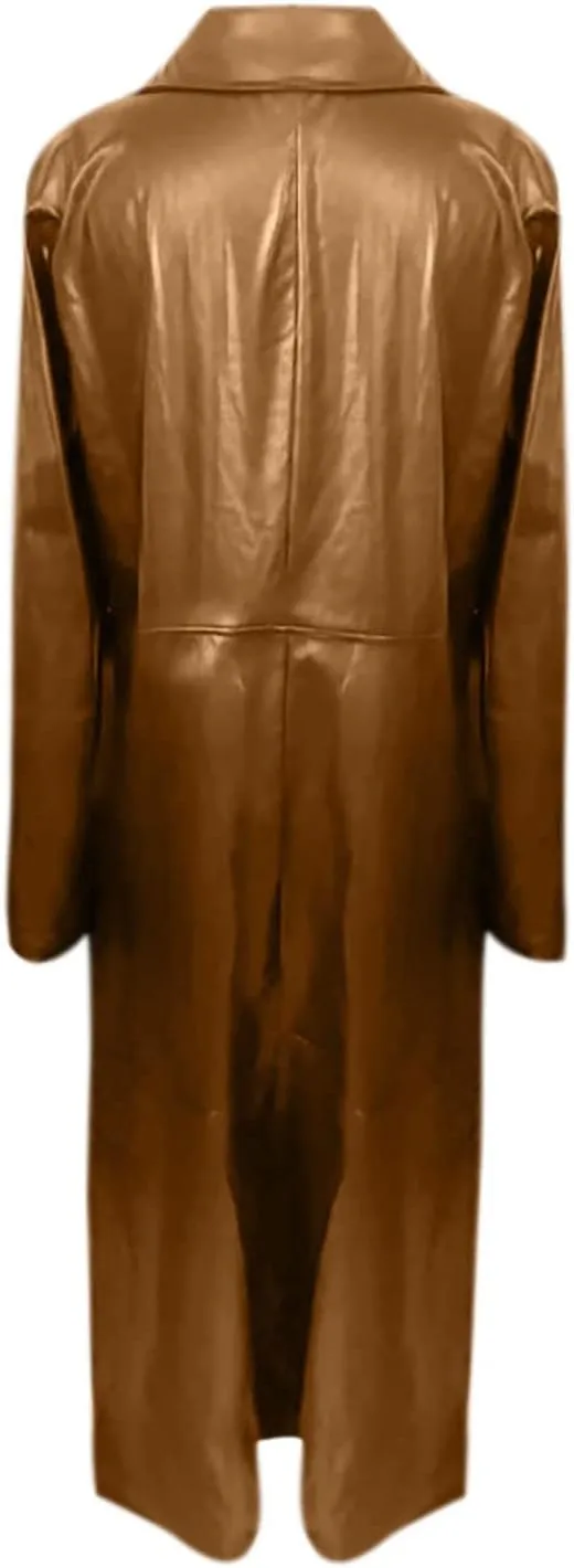 Faux Leather Trench Coats for Women Single Breasted Long Sleeve Ankle Length Jacket Notched Lapel Motorcycle Outwear