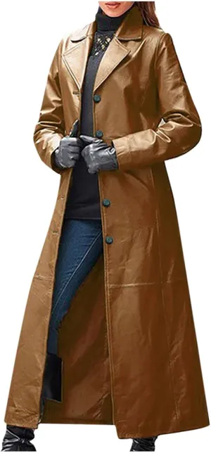 Faux Leather Trench Coats for Women Single Breasted Long Sleeve Ankle Length Jacket Notched Lapel Motorcycle Outwear