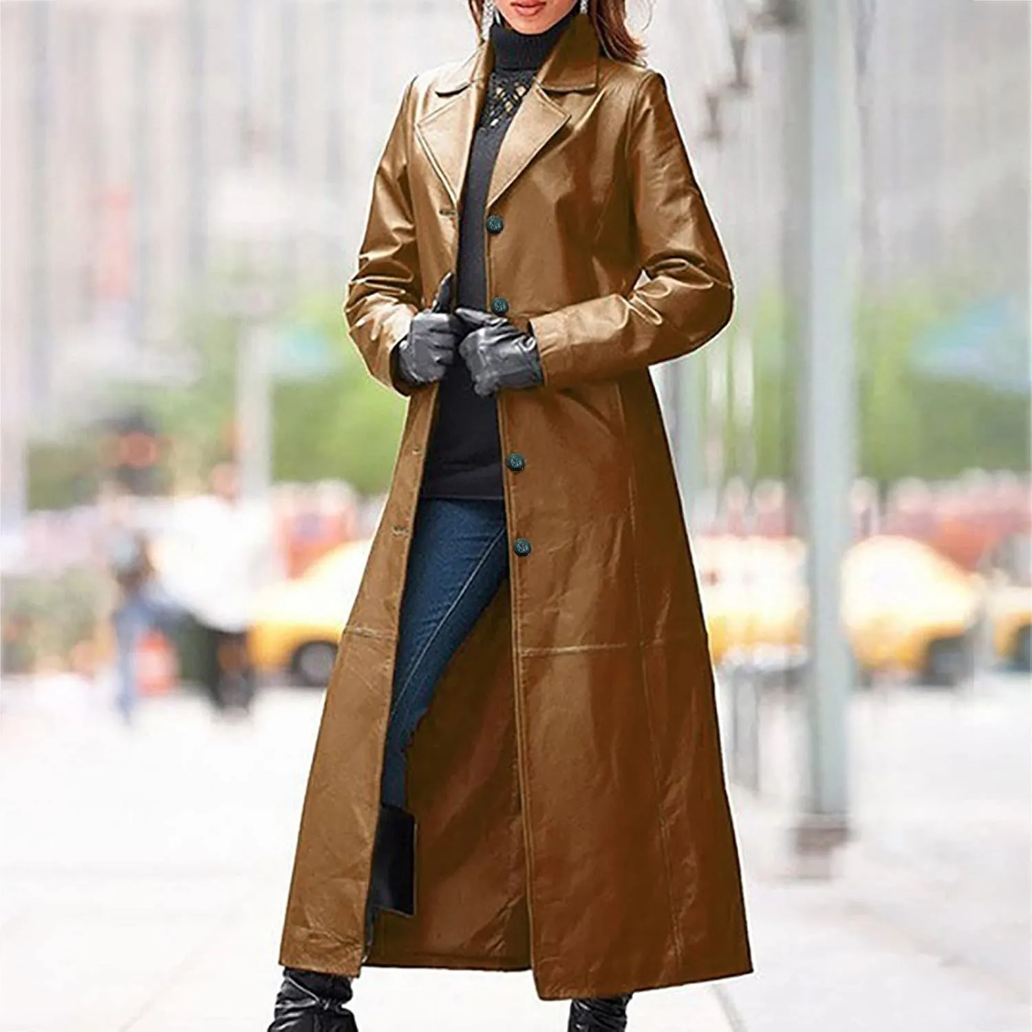 Faux Leather Trench Coats for Women Single Breasted Long Sleeve Ankle Length Jacket Notched Lapel Motorcycle Outwear