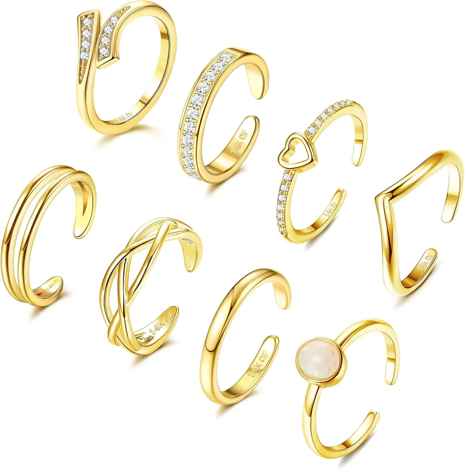 FIBO STEEL 8Pcs 14K Gold Filled Toe Rings for Women Non Tarnish Adjustable Gold Toe Rings Set Open Band Simple CZ Toe Ring Summer Beach Foot Jewelry