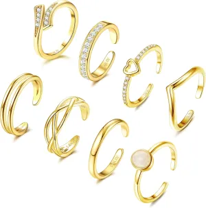FIBO STEEL 8Pcs 14K Gold Filled Toe Rings for Women Non Tarnish Adjustable Gold Toe Rings Set Open Band Simple CZ Toe Ring Summer Beach Foot Jewelry