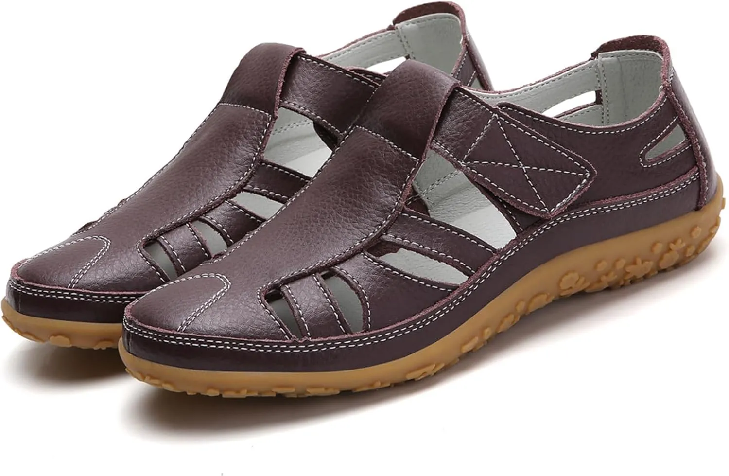Fisherman Sandals for Women 2025 Summer Casual Closed Toe Leather Sandals Non-Slip Sole Hollow Out Walking Sandal Magic Tape Soft Sole Orthopedic Beach Shoes Outdoor Activities Shoes