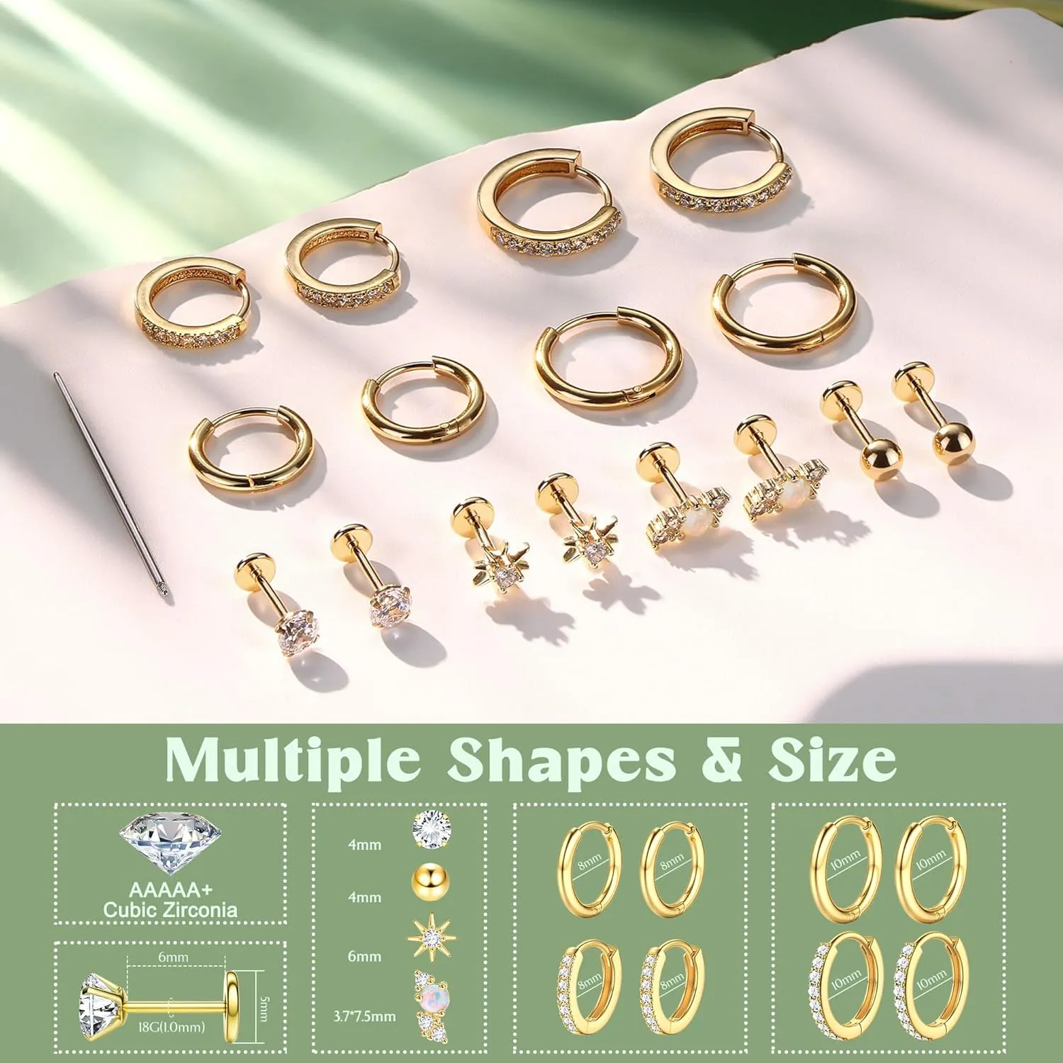 Flat Back Earrings : 14K Gold Plated Surgical Steel Earring Hypoallergenic - Small Hoop Huggie Earrings for Women Men 18G Internal Thread Cartilage Helix Conch Tragus Piercing Jewelry 8 Pairs