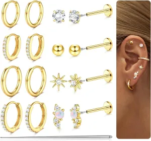 Flat Back Earrings : 14K Gold Plated Surgical Steel Earring Hypoallergenic - Small Hoop Huggie Earrings for Women Men 18G Internal Thread Cartilage Helix Conch Tragus Piercing Jewelry 8 Pairs