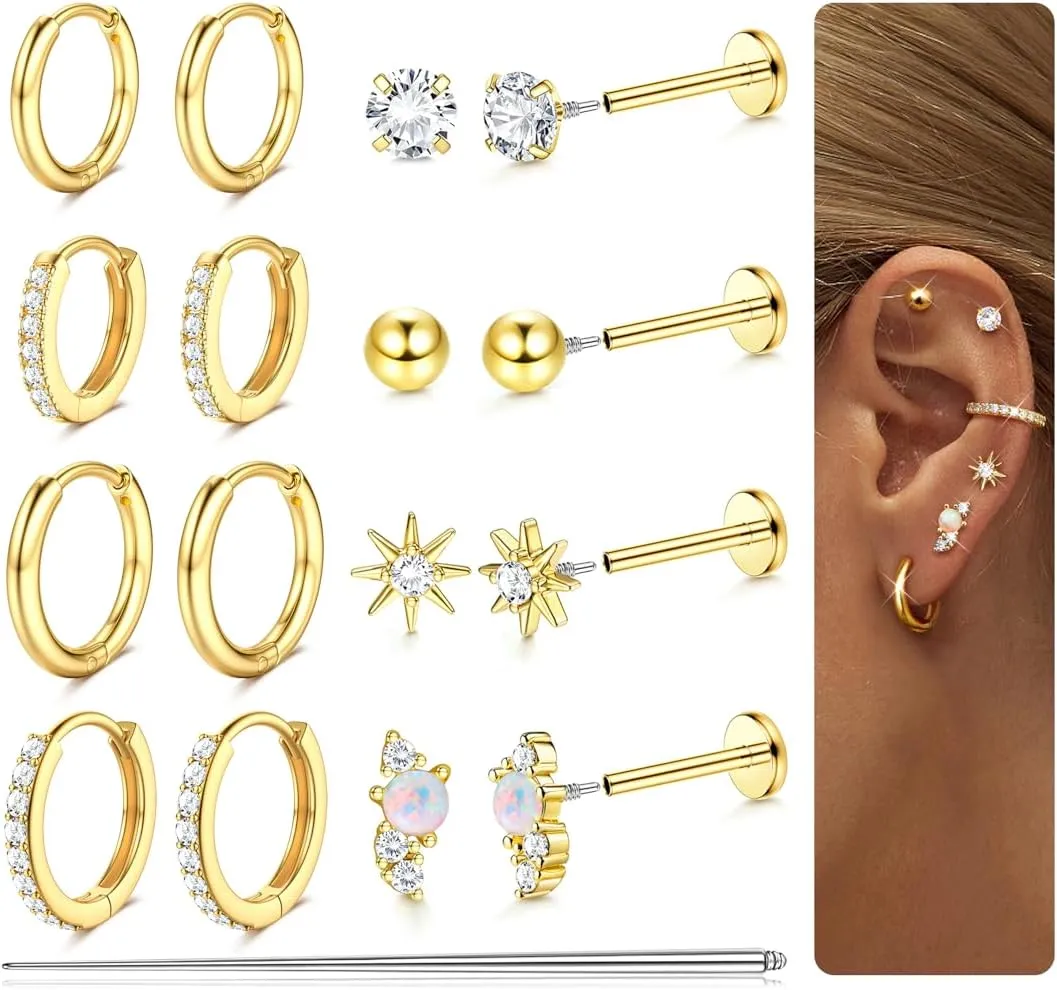Flat Back Earrings : 14K Gold Plated Surgical Steel Earring Hypoallergenic - Small Hoop Huggie Earrings for Women Men 18G Internal Thread Cartilage Helix Conch Tragus Piercing Jewelry 8 Pairs