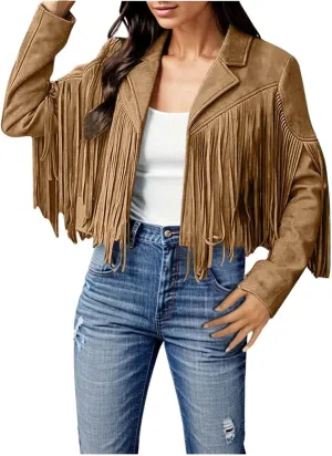 Fleece Jackets for Women Tassel Motorcycle Cropped Coats 2024 Zip Casual Outwear Quilt Faux Suede Leather Jackets
