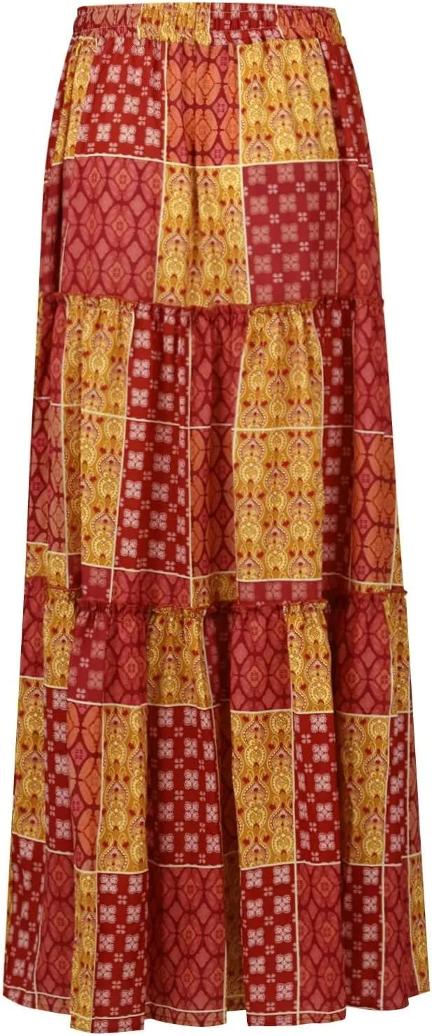 Floral Maxi Skirt with Pockets for Women 2025 Boho Flowy Drawstring Long Skirt Casual Tiered High Waisted Skirts