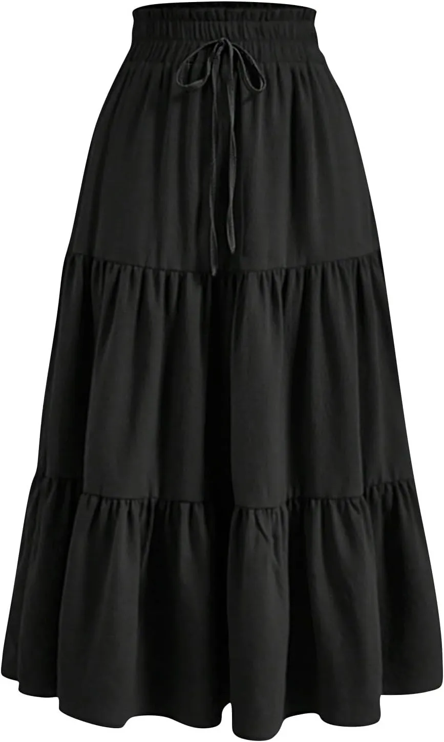 Floral Skirts for Women High Waist Tiered A Line Skirt Drawstring Waist Maxi Long Skirt Flowy Beach Pleated Skirts