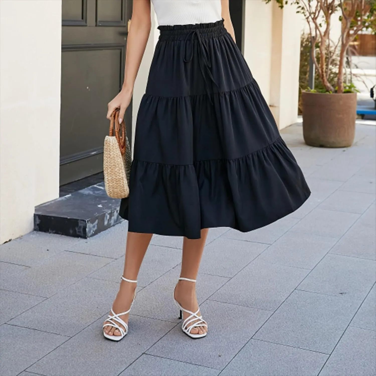 Floral Skirts for Women High Waist Tiered A Line Skirt Drawstring Waist Maxi Long Skirt Flowy Beach Pleated Skirts