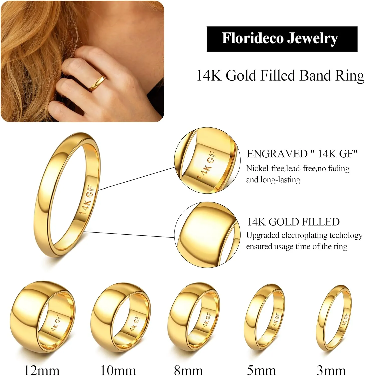 Florideco 14K Gold Filled Ring Gold Band for Women Men Thick Thin Pinky Thumb Ring Gold Wedding Band Ring Non Tarnish Plain Domed Comfort Fit Size 6 to 10