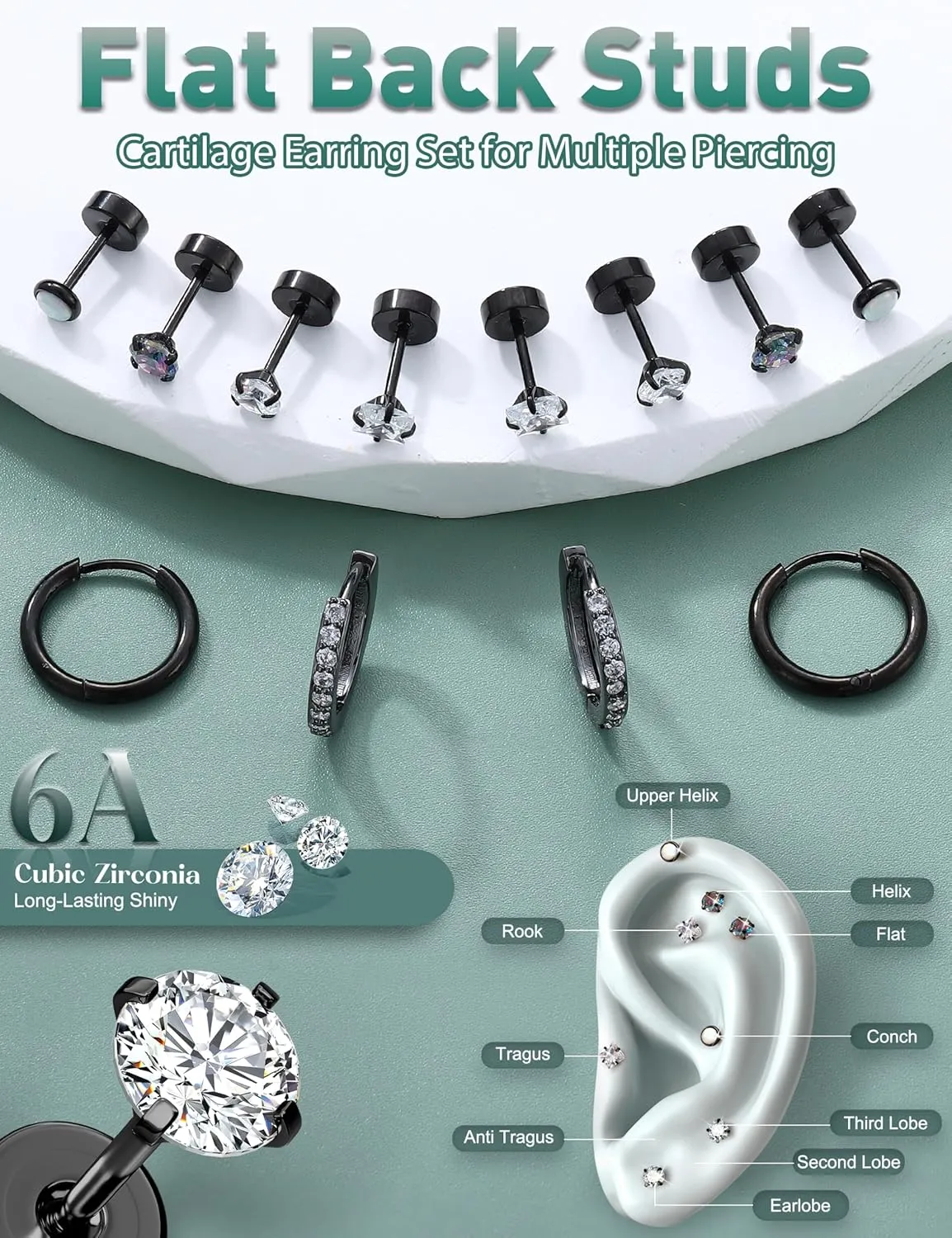 Florideco Hypoallergenic Surgical Steel Earrings 20G Flat Back Earrings for Women Trendy Cartilage Earring Stacks Small Stainless Steel Earring Sets for Multiple Piercing