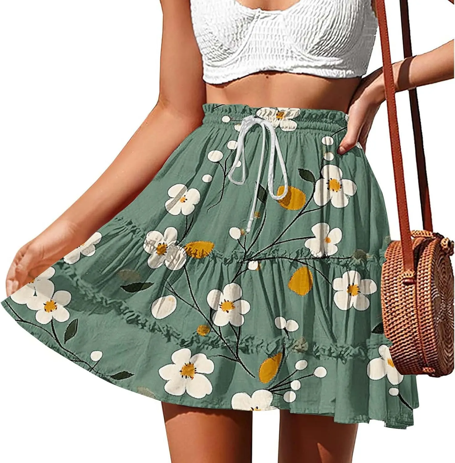 Flowy Skirts for Women Summer Beach Vacation Casual Boho Floral Print Ruffle Tiered Skorts High Waist Mini Skirts