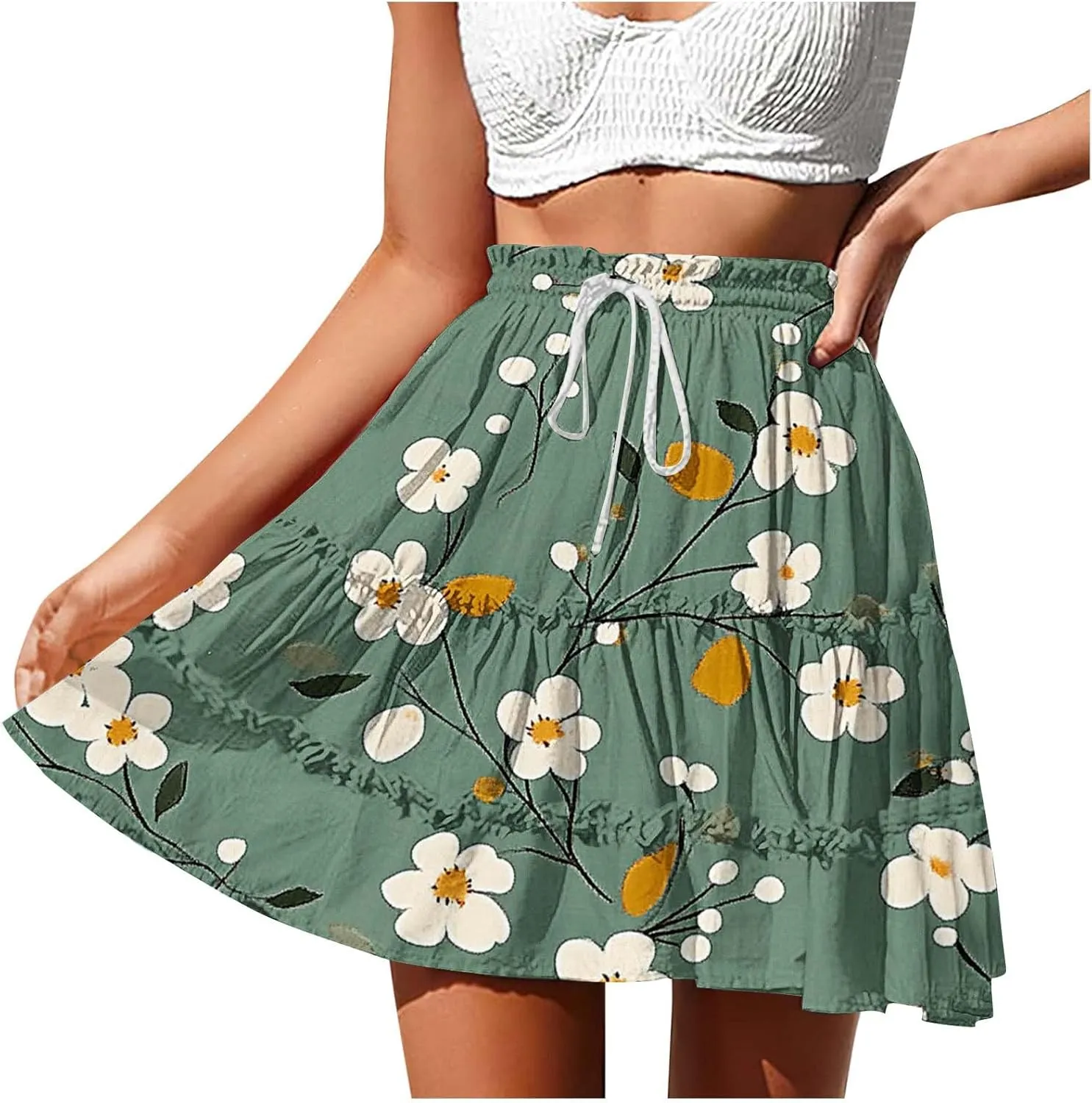 Flowy Skirts for Women Summer Beach Vacation Casual Boho Floral Print Ruffle Tiered Skorts High Waist Mini Skirts
