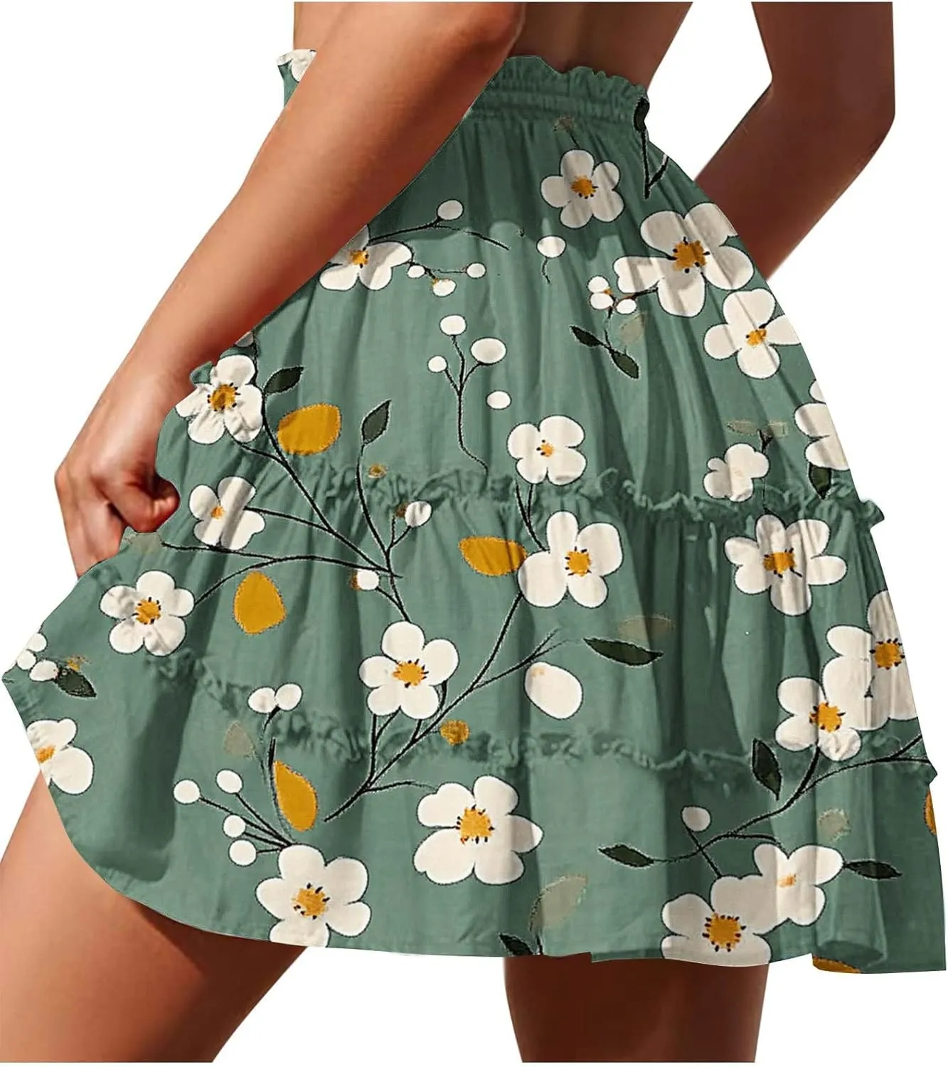 Flowy Skirts for Women Summer Beach Vacation Casual Boho Floral Print Ruffle Tiered Skorts High Waist Mini Skirts