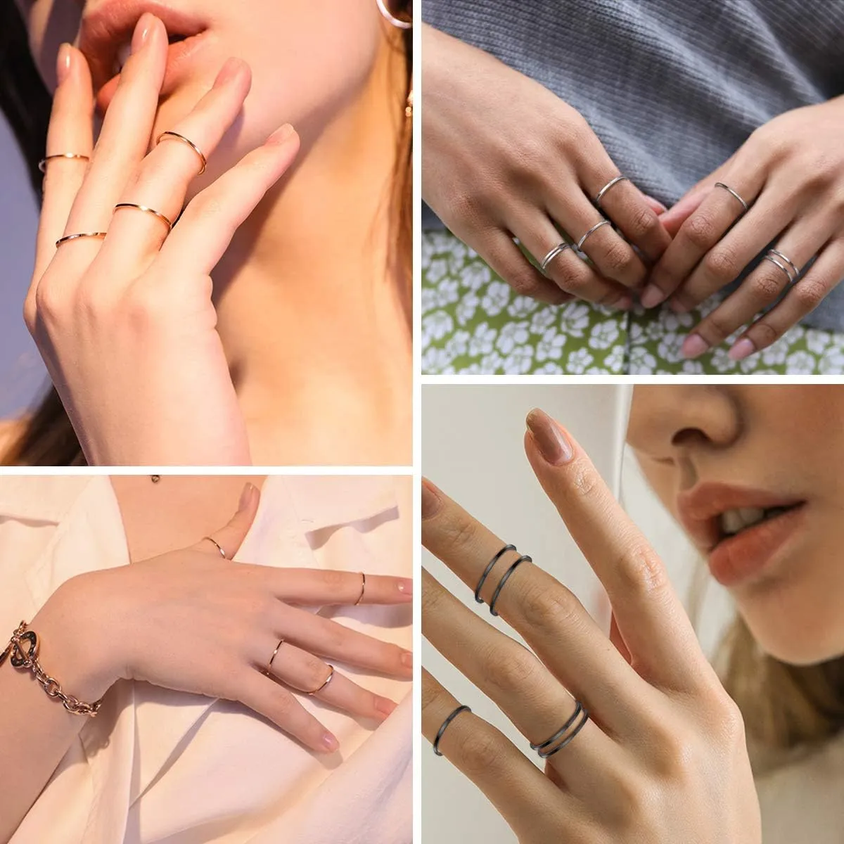 FOCALOOK 28 PCS Knuckle Ring Set 1MM Stainless Steel Women's Thin Plain Band Stacking Midi Finger Rings Set Comfort Fit Silver/Black/Gold/Rose Tone Size 4-10
