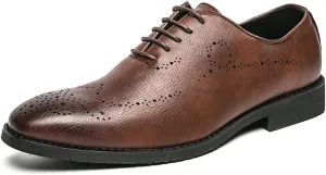 Formal Dress Shoes for Men Lace Up Brogue Embossed Wing tip Vegan Leather Rubber Sole Low Top Anti-Slip Block Heel Party (Color : Brown, Size : 10)