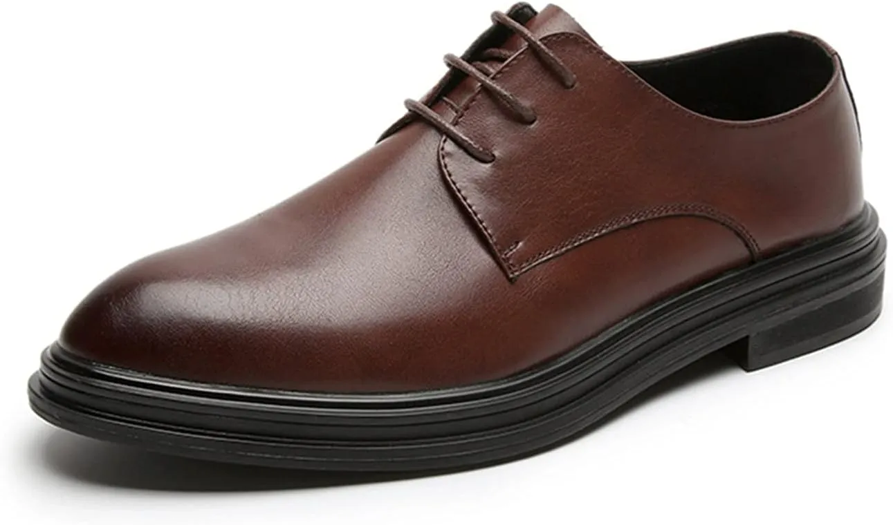 Formal Shoes Dress Oxford for Men Lace Up Round Burnished Toe Vegan Leather Block Heel Rubber Sole Non Slip Low Top Slip Resistant Wedding