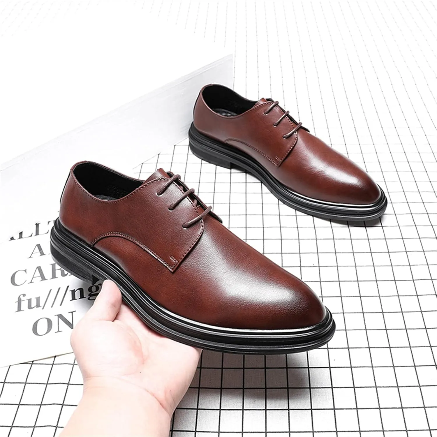Formal Shoes Dress Oxford for Men Lace Up Round Burnished Toe Vegan Leather Block Heel Rubber Sole Non Slip Low Top Slip Resistant Wedding