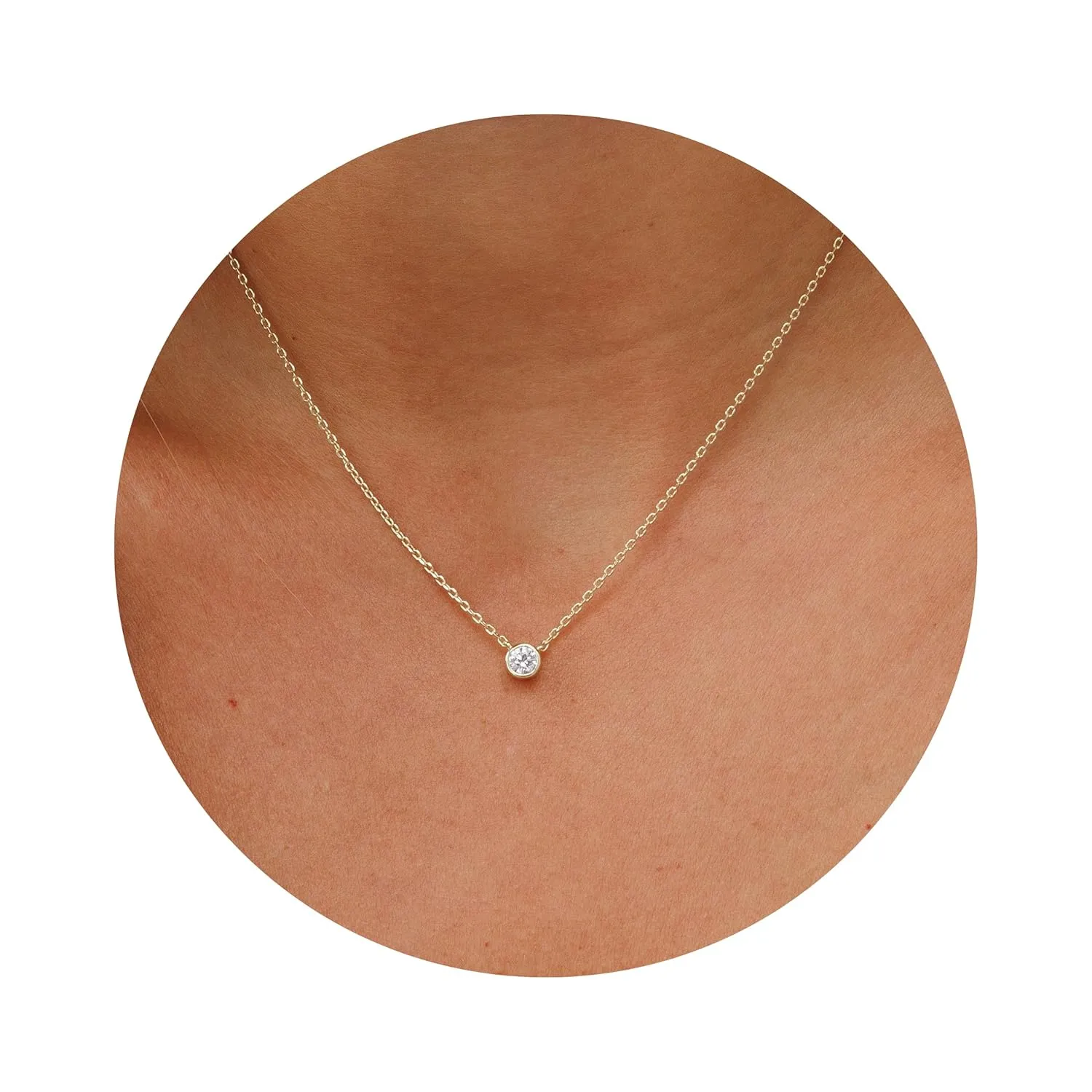 Galis Dainty Necklace - Gold Plated 18" Choker for Women with Dainty Small Round Faux Diamond Pendant, Trendy Necklaces for Women, with CZ Solitaire Lobster Clasp, Minimalist Gift