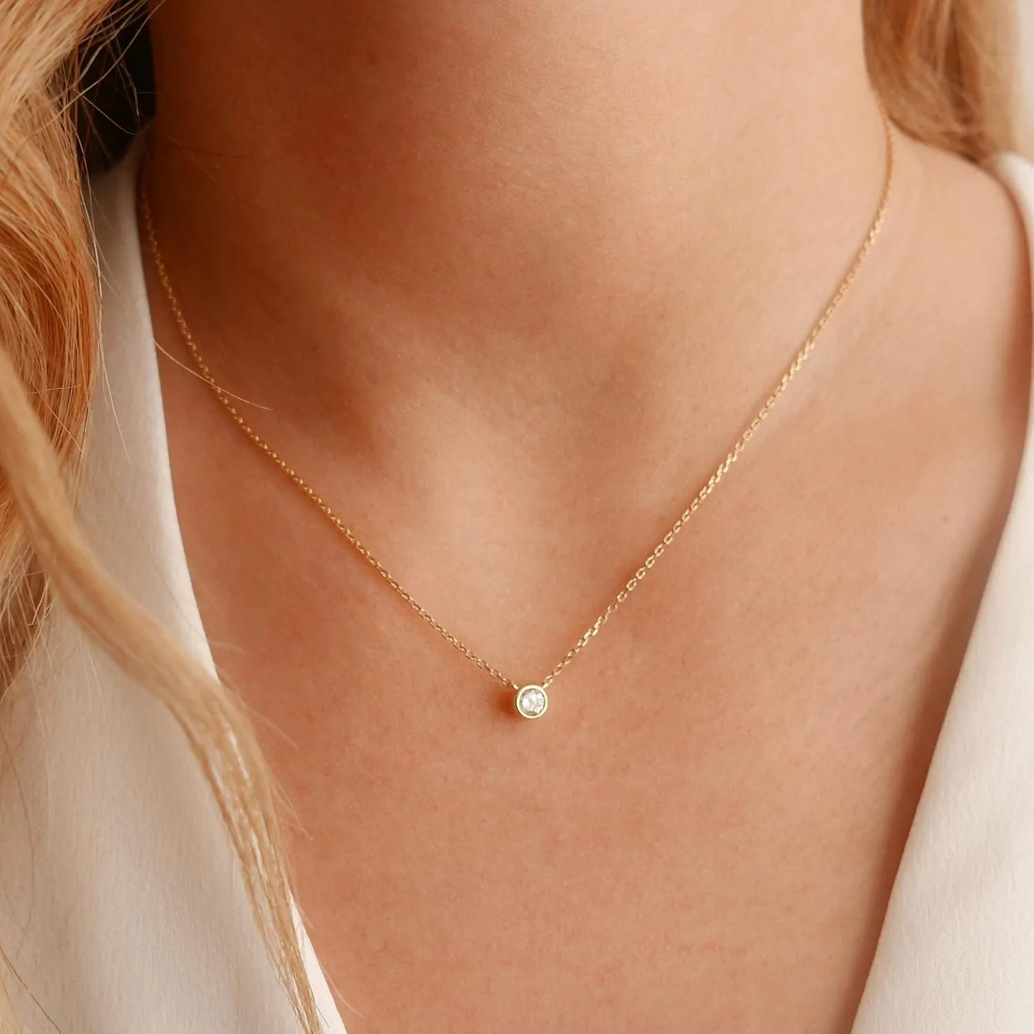 Galis Dainty Necklace - Gold Plated 18" Choker for Women with Dainty Small Round Faux Diamond Pendant, Trendy Necklaces for Women, with CZ Solitaire Lobster Clasp, Minimalist Gift