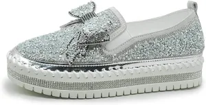 Generic Women's Rhinestones Glitter Slip On Sneakers Cute Bowknot Comfort Platform Walking Flat Loafer Casual Platform Dress Shoes