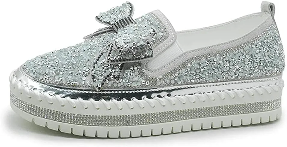 Generic Women's Rhinestones Glitter Slip On Sneakers Cute Bowknot Comfort Platform Walking Flat Loafer Casual Platform Dress Shoes