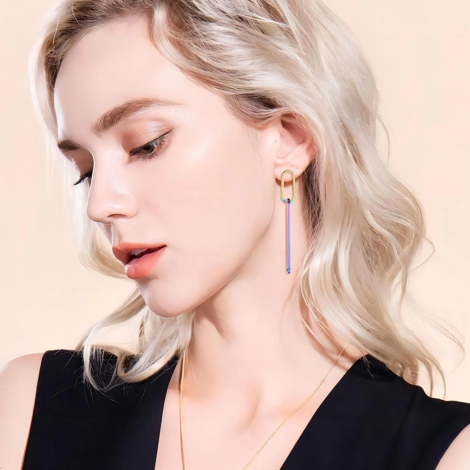 Geometric Gold Silver Long Dangle Earrings Dangling Women Rectangle Chain Link Drop Dangly Wedding Guest Earring Simple Formal Jewelry