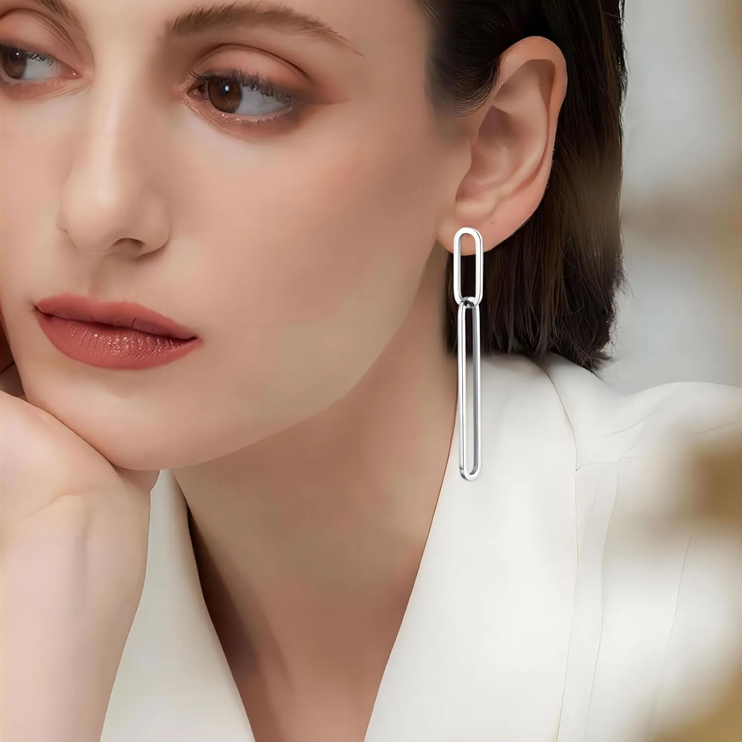 Geometric Gold Silver Long Dangle Earrings Dangling Women Rectangle Chain Link Drop Dangly Wedding Guest Earring Simple Formal Jewelry
