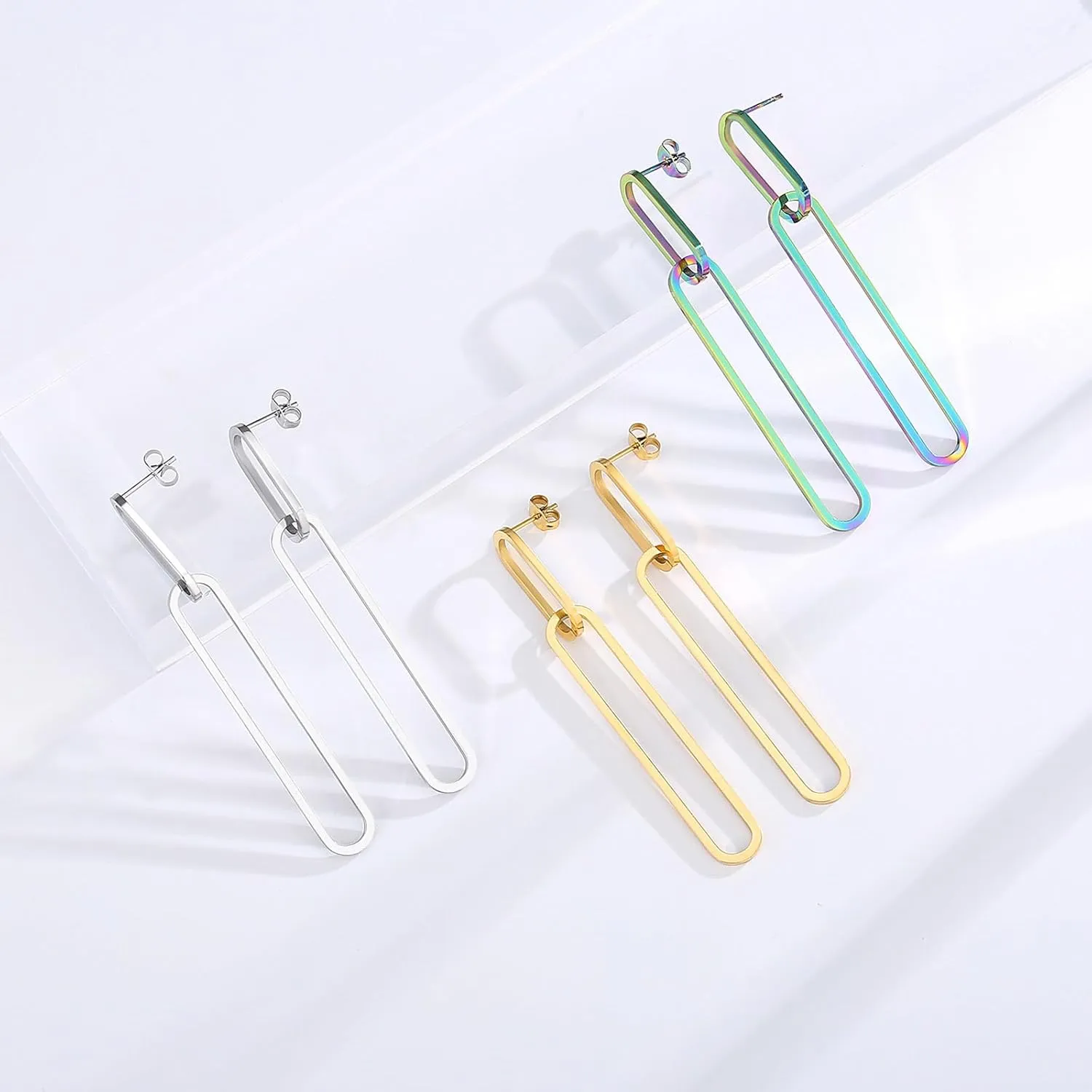 Geometric Gold Silver Long Dangle Earrings Dangling Women Rectangle Chain Link Drop Dangly Wedding Guest Earring Simple Formal Jewelry