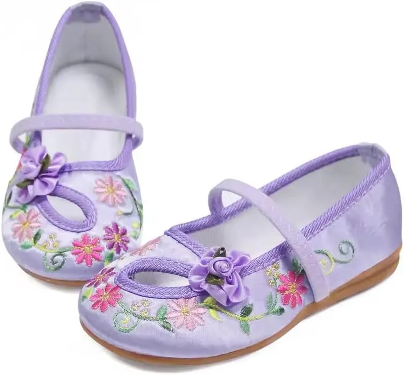 Girls Floral Mary Jane Shoes, Purple Embroidered Ballet Flats with Flower Bow, Slip-On