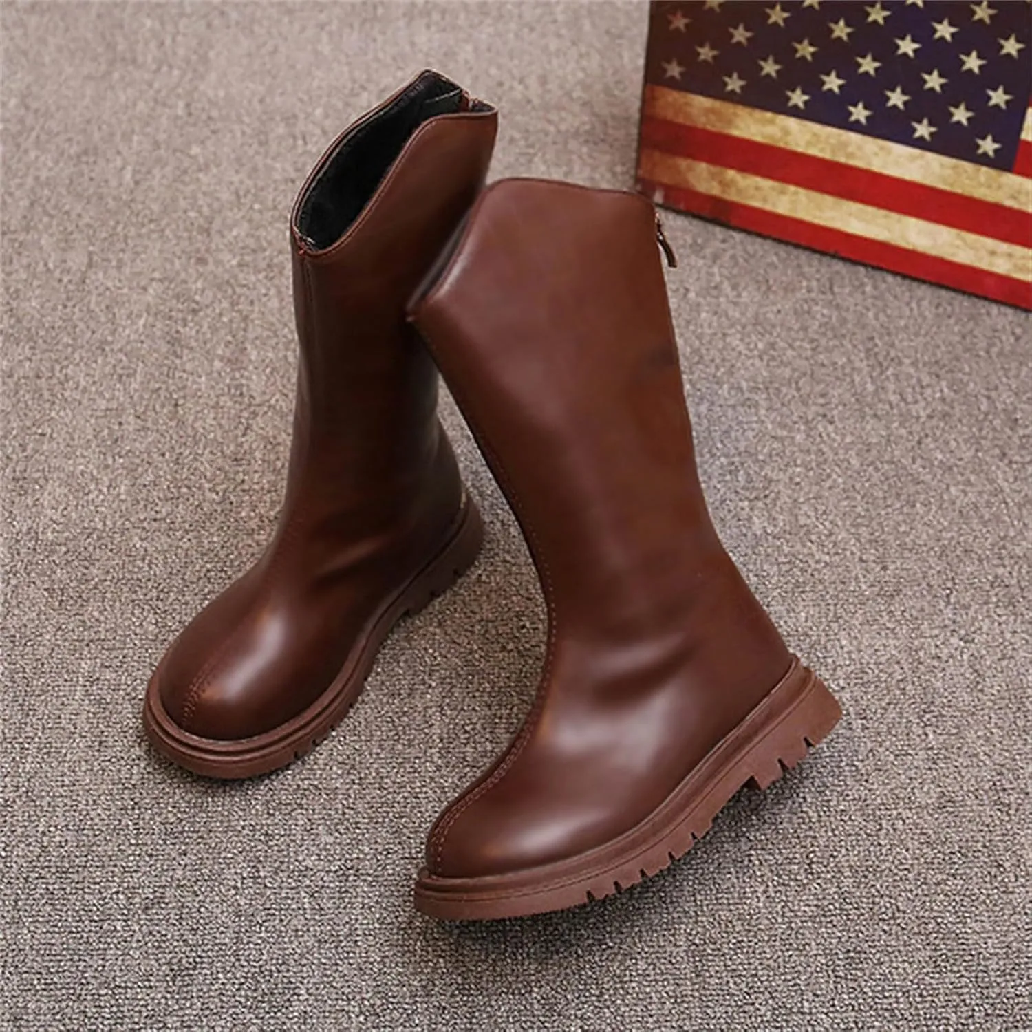 Girls Kids Leather ow Heel Long Boots aterproof Soft Rubber Sole Dress Dance Non Slip Shoes Booties Zipper Fashion