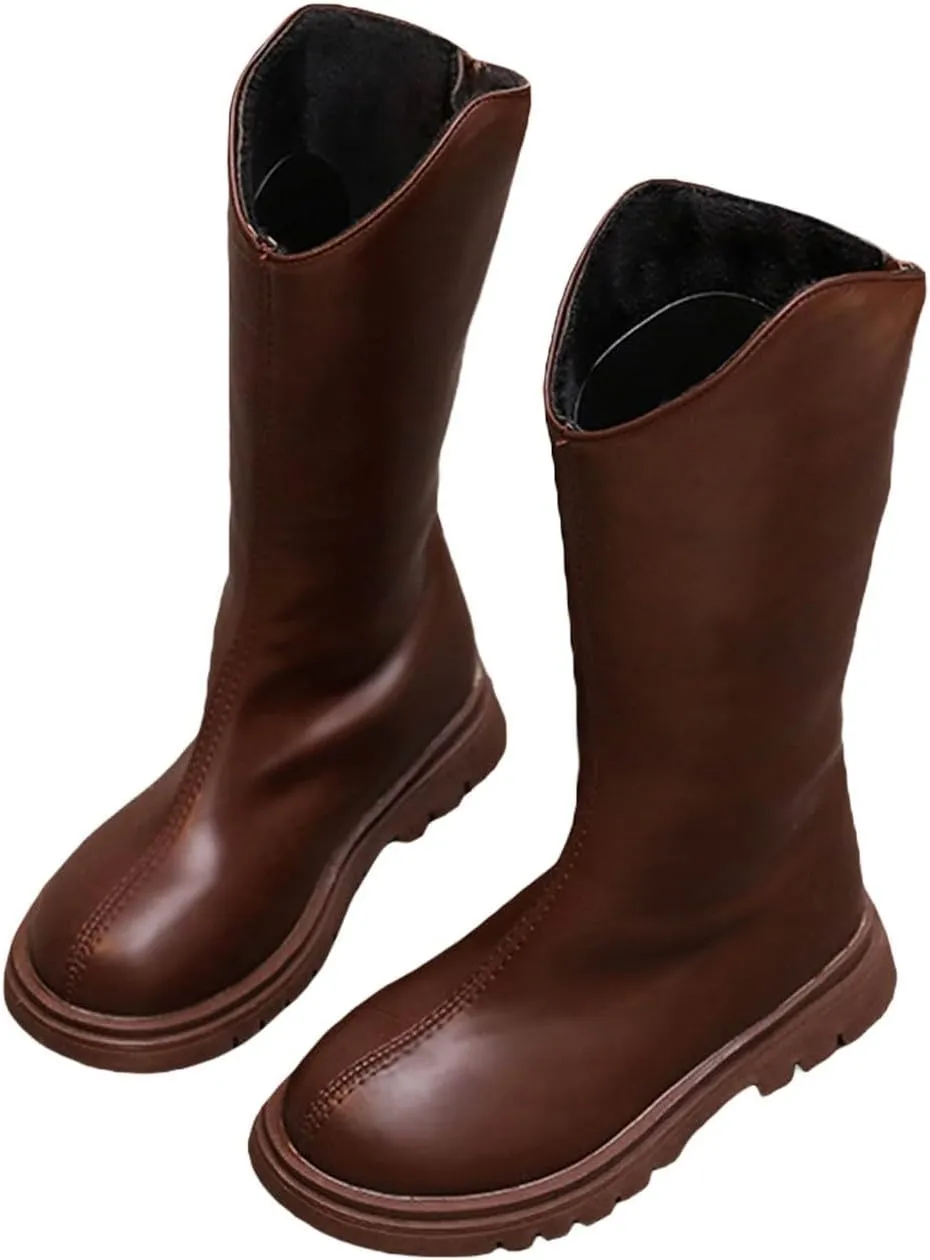 Girls Kids Leather ow Heel Long Boots aterproof Soft Rubber Sole Dress Dance Non Slip Shoes Booties Zipper Fashion