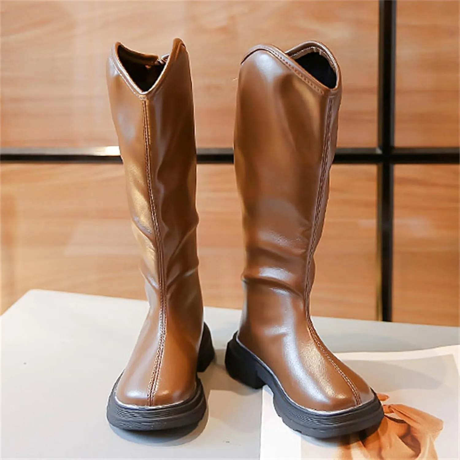 Girls Leather aterproof Long Boots Kids ow Heel Fron Zipper Shoes Childrens Outdoor Dress Dance Soft Shoes Comfy