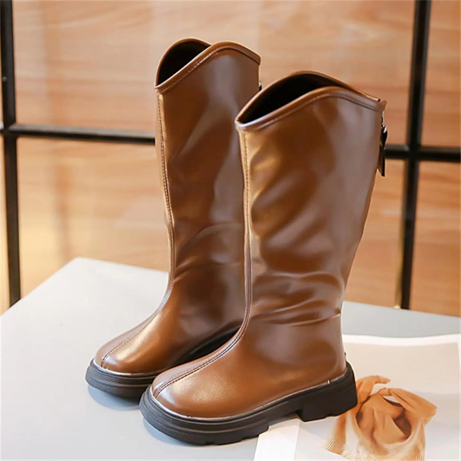 Girls Leather aterproof Long Boots Kids ow Heel Fron Zipper Shoes Childrens Outdoor Dress Dance Soft Shoes Comfy