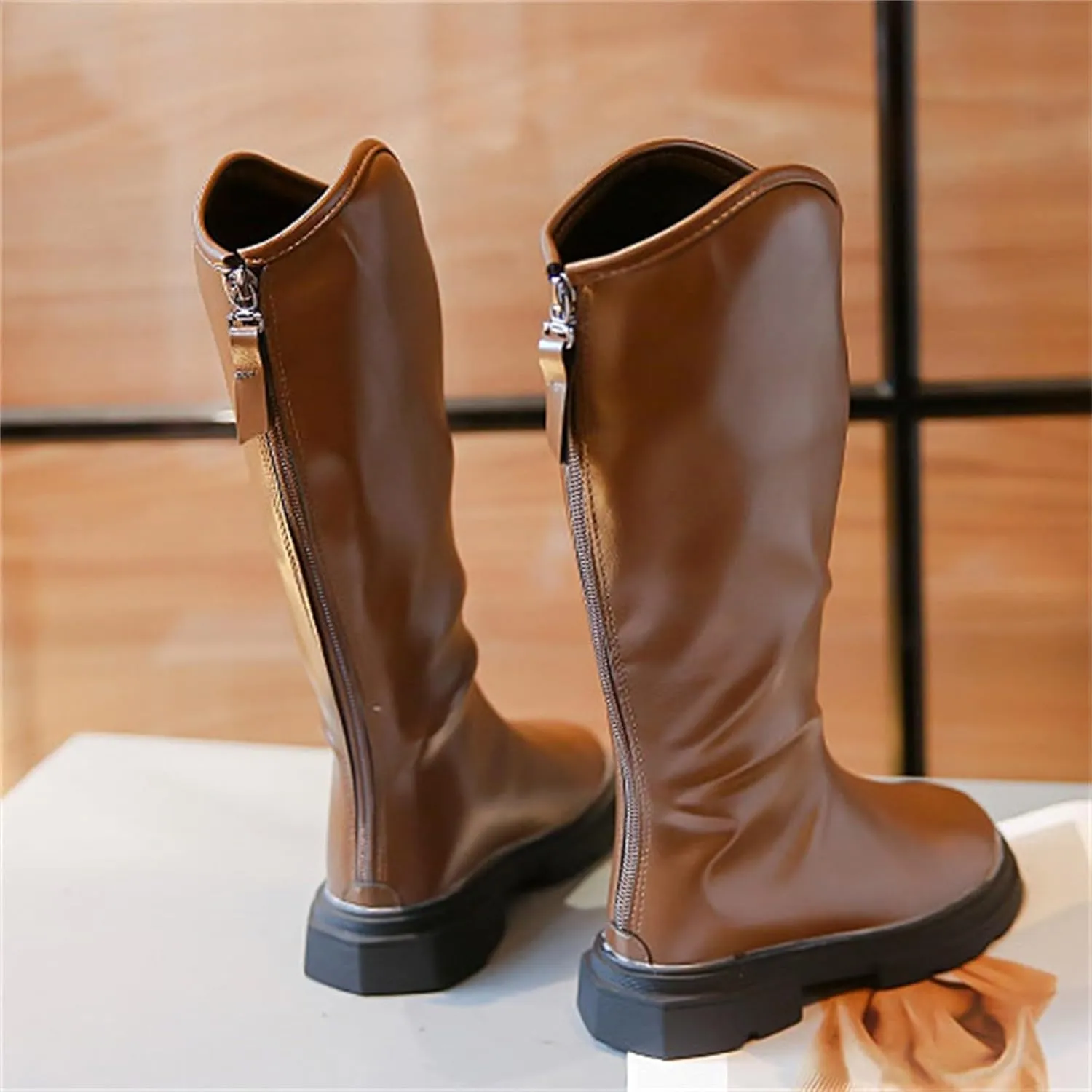 Girls Leather aterproof Long Boots Kids ow Heel Fron Zipper Shoes Childrens Outdoor Dress Dance Soft Shoes Comfy