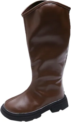 Girls Leather aterproof Long Boots Kids ow Heel Fron Zipper Shoes Childrens Outdoor Dress Dance Soft Shoes Comfy