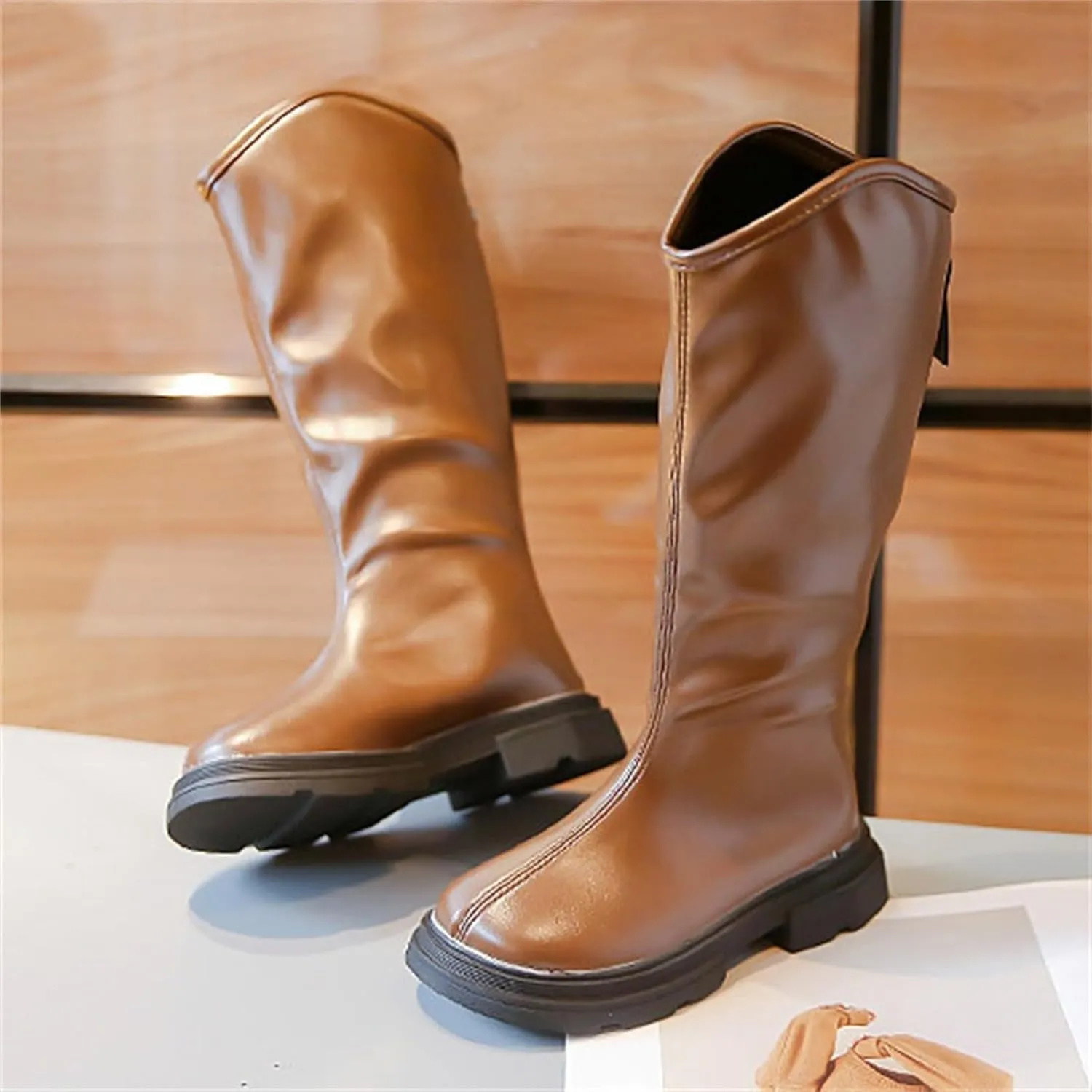 Girls Leather aterproof Long Boots Kids ow Heel Fron Zipper Shoes Childrens Outdoor Dress Dance Soft Shoes Comfy