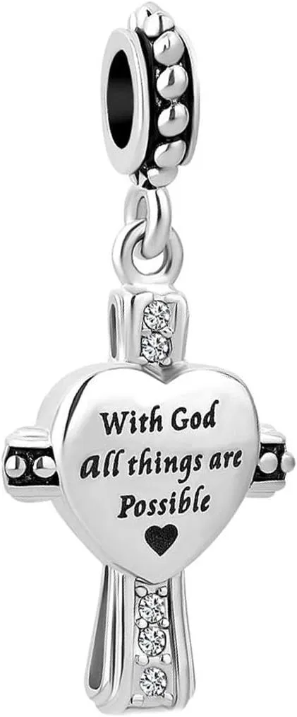 God Jesus Cross Charm Compatible with Pandora Bracelet Bible Matthew Family Christmas Pendant Verse Love Heart Silver Gift Dangle Clear CZ Birthday Anniversary