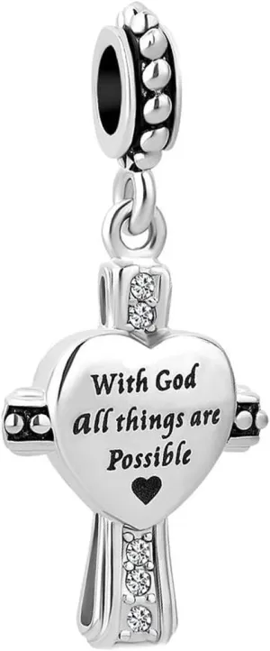 God Jesus Cross Charm Compatible with Pandora Bracelet Bible Matthew Family Christmas Pendant Verse Love Heart Silver Gift Dangle Clear CZ Birthday Anniversary