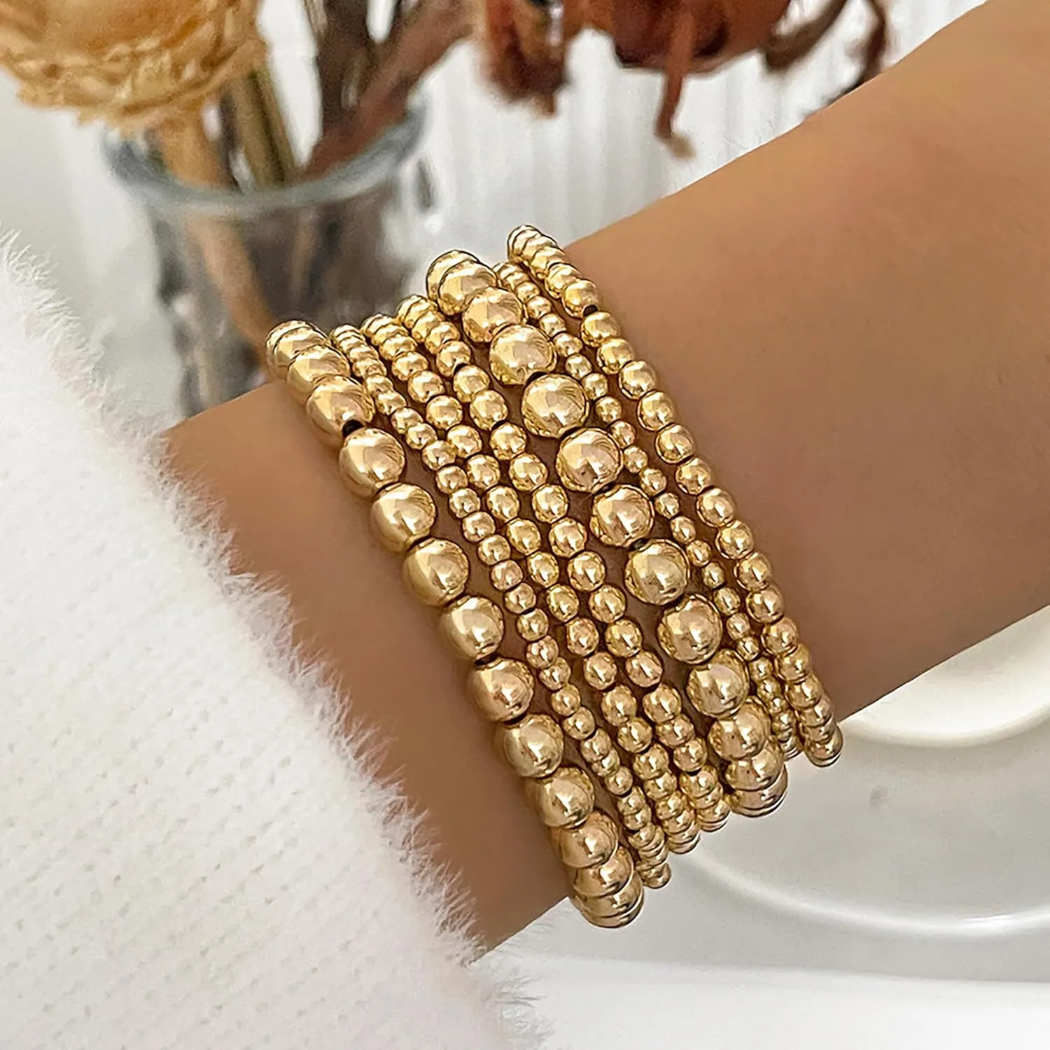 Gold Beaded Bracelets for Women 14K Gold Plated Stackable Bracelet Gold Bracelet Stack Delicate Stackable Gold Bracelets for Women