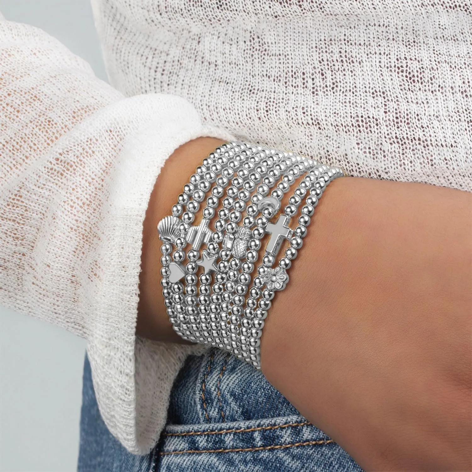 Gold Beaded Bracelets for Women Stackable Stretch Cross Shell Bracelet Set Heart Star Butterfly Moon Flower Bracelets Strand Bead Ball Bracelet Trendy Jewelry Gifts for Women