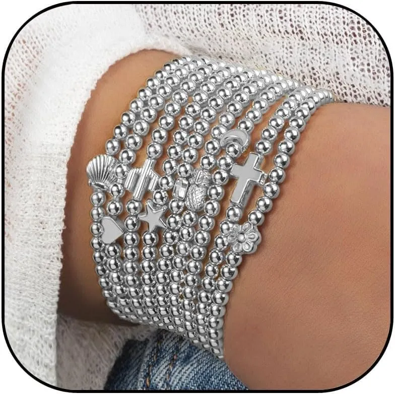 Gold Beaded Bracelets for Women Stackable Stretch Cross Shell Bracelet Set Heart Star Butterfly Moon Flower Bracelets Strand Bead Ball Bracelet Trendy Jewelry Gifts for Women