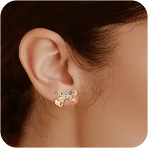 Gold Bow Earrings for Women, 14K Gold Plated Dainty Cute Bow Stud Earrings Cubic Zirconia Stud Earrings Statement Earrings Gold Jewelry Gifts for Women