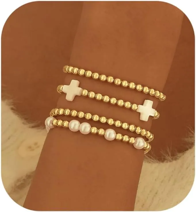 Gold Bracelets for Women, 14K Gold Plated Beaded Bracelets for Women Non Tarnish Dainty Stretch Cross Pearl Bracelet Stack Fashion Gold Womens Jewelry Preppy Stuff