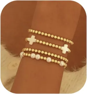 Gold Bracelets for Women, 14K Gold Plated Beaded Bracelets for Women Non Tarnish Dainty Stretch Cross Pearl Bracelet Stack Fashion Gold Womens Jewelry Preppy Stuff