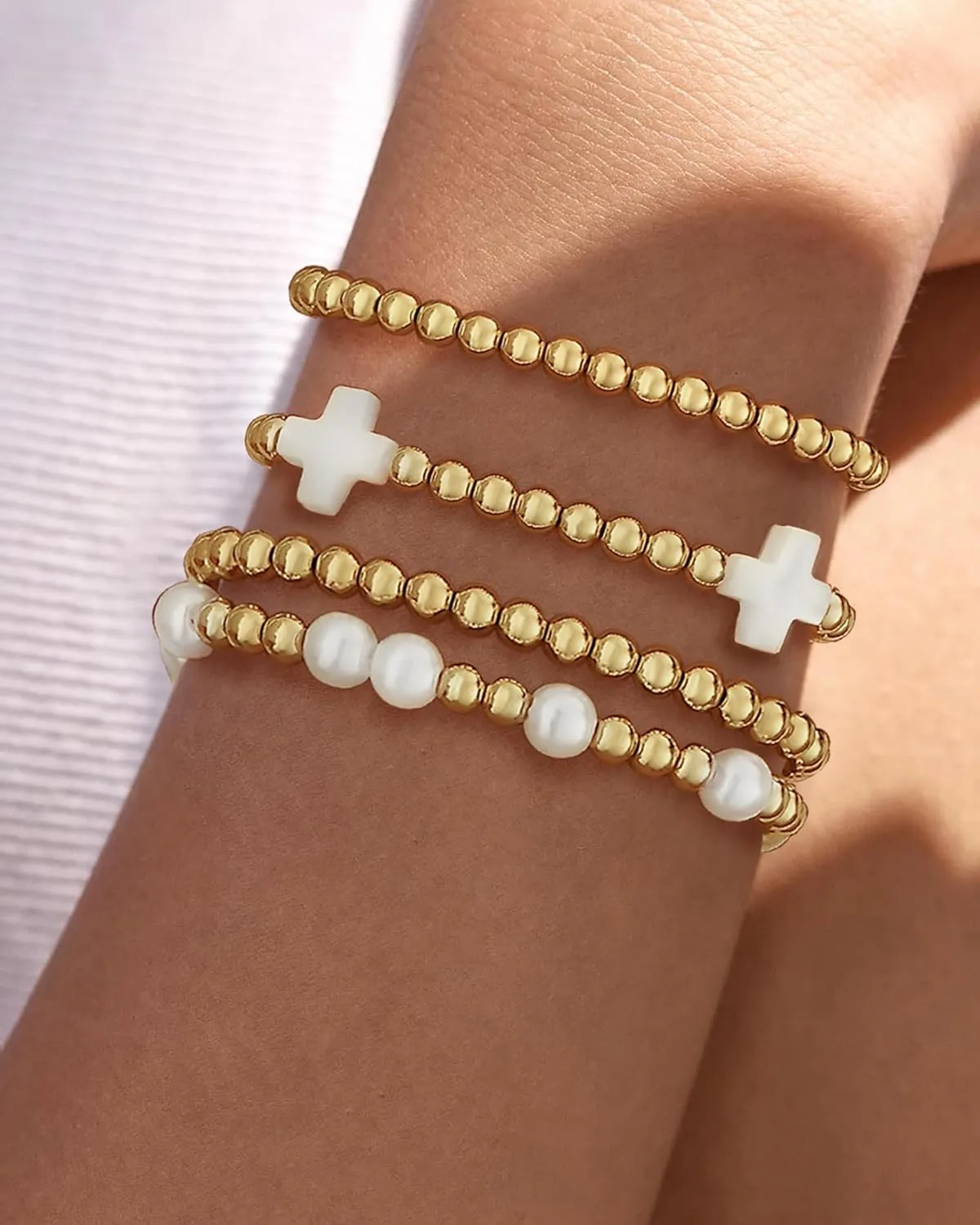 Gold Bracelets for Women, 14K Gold Plated Beaded Bracelets for Women Non Tarnish Dainty Stretch Cross Pearl Bracelet Stack Fashion Gold Womens Jewelry Preppy Stuff