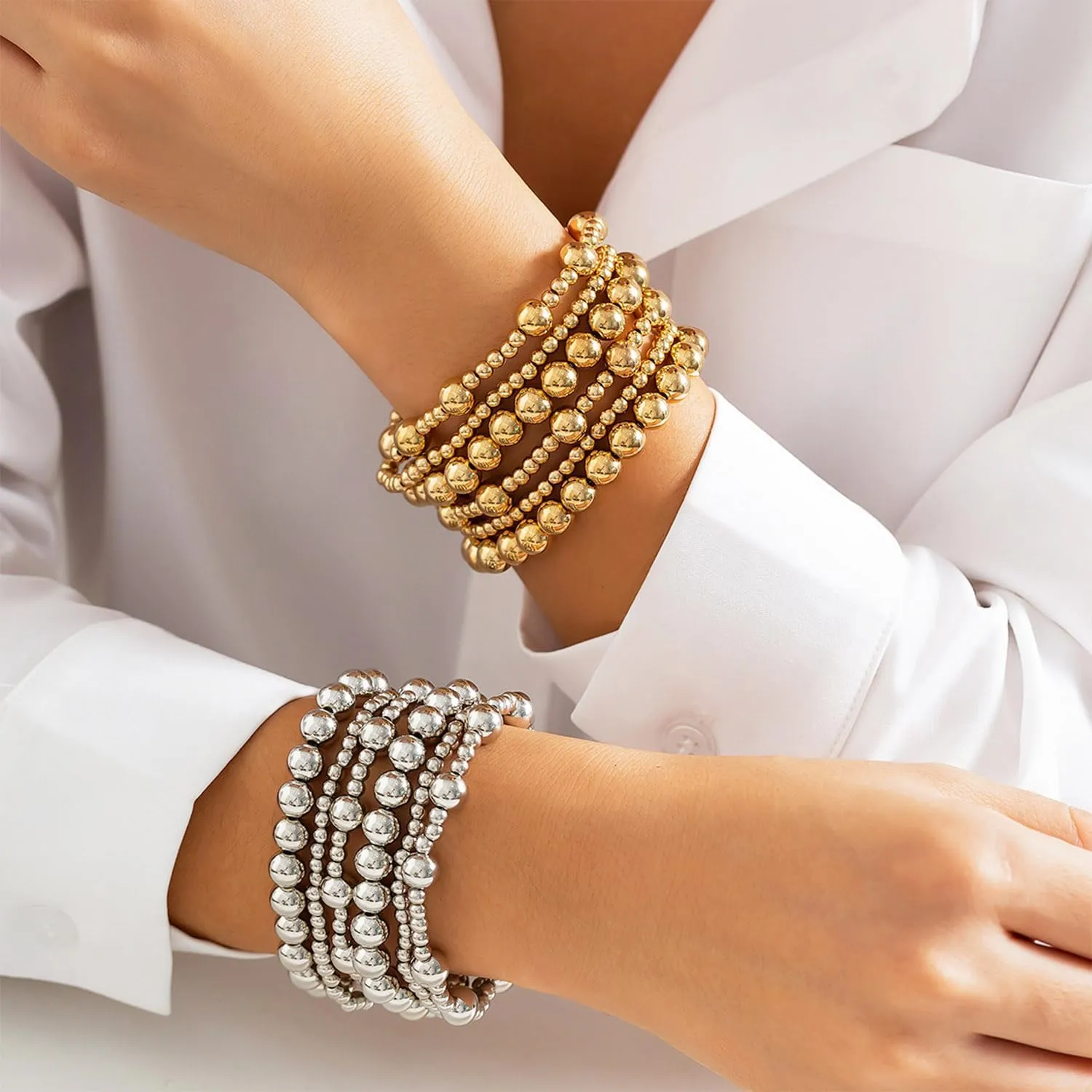 Gold Bracelets for Women Non Tarnish Gold Beaded Bracelet Stretch Bead Ball Bracelet Sets Trendy Stackable Layered Pearl Cross Bracelet Gold Jewelry for Women