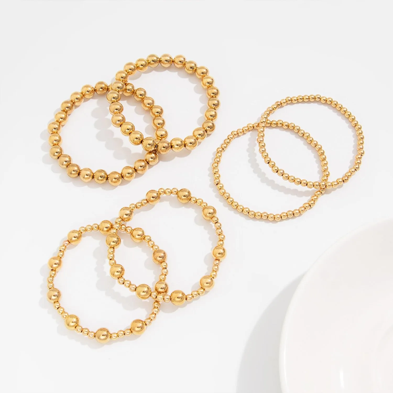 Gold Bracelets for Women Non Tarnish Gold Beaded Bracelet Stretch Bead Ball Bracelet Sets Trendy Stackable Layered Pearl Cross Bracelet Gold Jewelry for Women