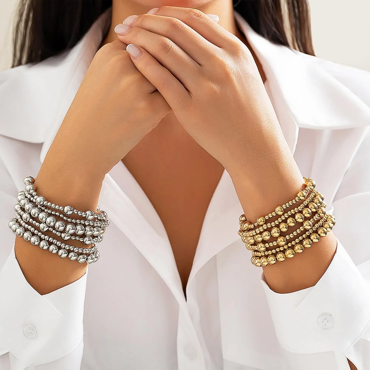 Gold Bracelets for Women Non Tarnish Gold Beaded Bracelet Stretch Bead Ball Bracelet Sets Trendy Stackable Layered Pearl Cross Bracelet Gold Jewelry for Women